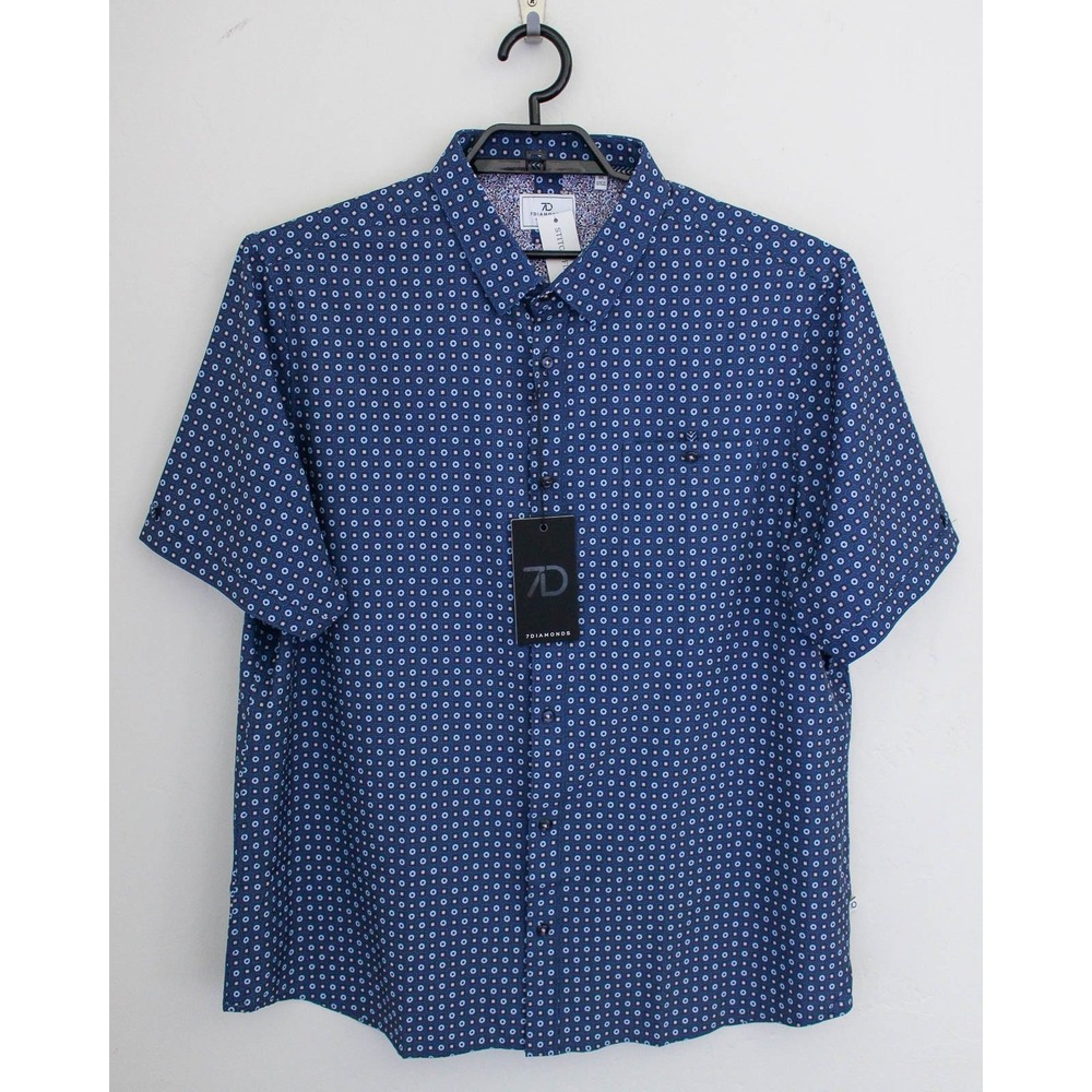 7 Diamonds Shirt Mens 3XL Blue Geo Print Button Up 4-Way Stretch Short Sleeve
